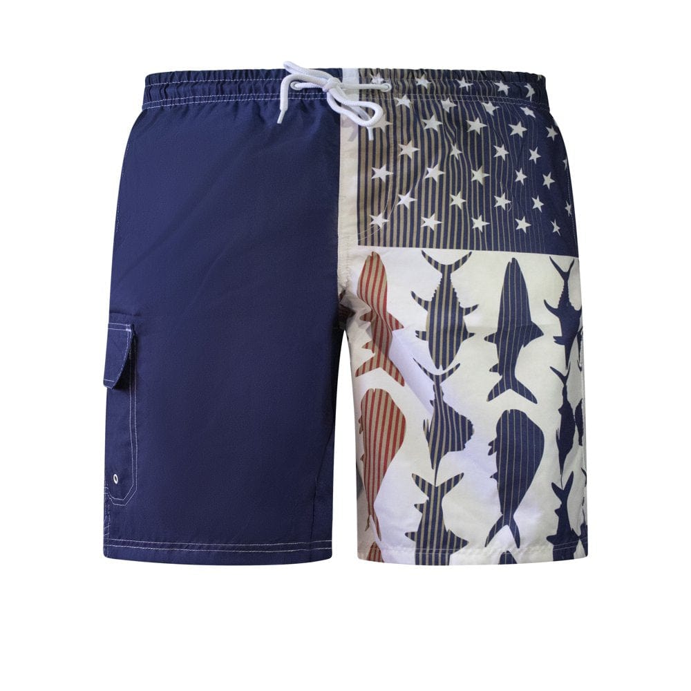 North 15 Men'S American Flag Microfiber Shark Print Swim Trunk Boardshorts with Cargo Pockets-7125-Nvy/Rd-L