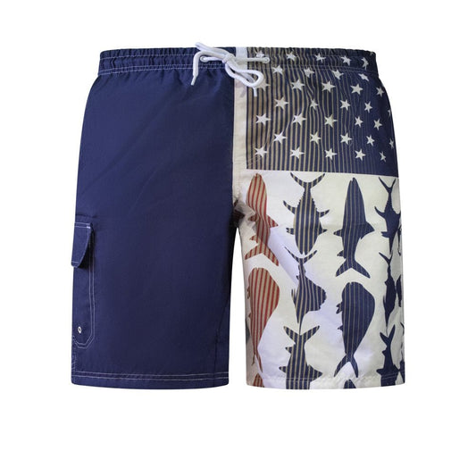 North 15 Men'S American Flag Microfiber Shark Print Swim Trunk Boardshorts with Cargo Pockets-7125-Nvy/Rd-L
