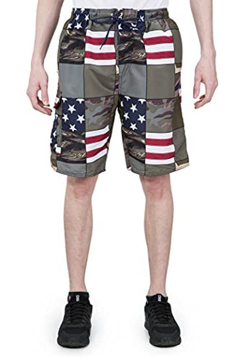 North 15 Men'S American Flag Microfiber Shark Print Swim Trunk Boardshorts with Cargo Pockets-7125-Nvy/Rd-L