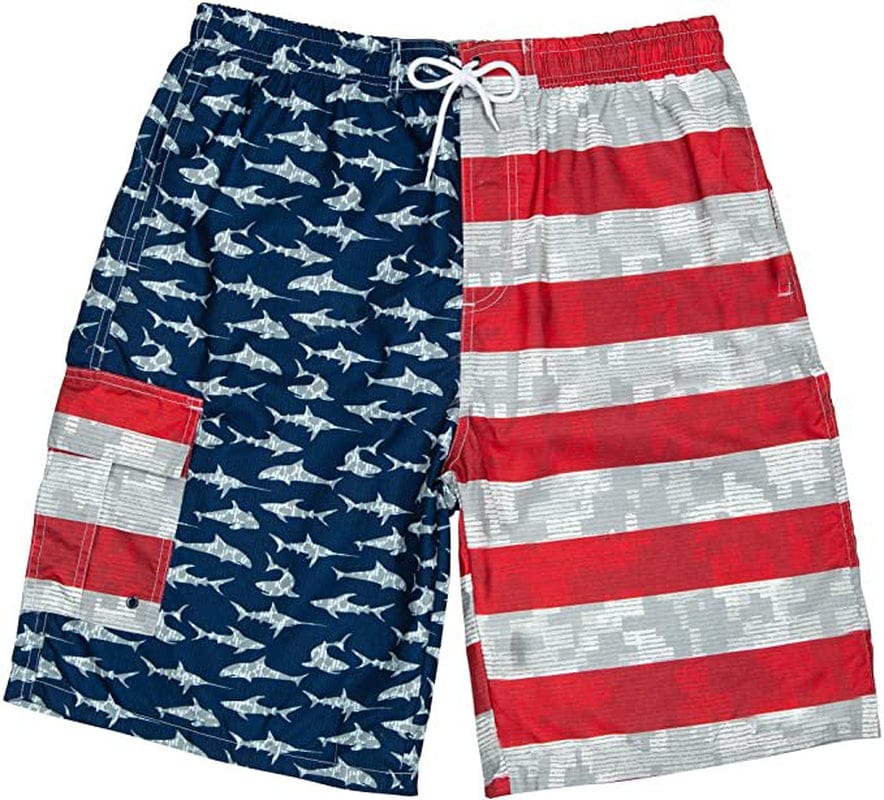 North 15 Men'S American Flag Microfiber Shark Print Swim Trunk Boardshorts with Cargo Pockets-7125-Nvy/Rd-L