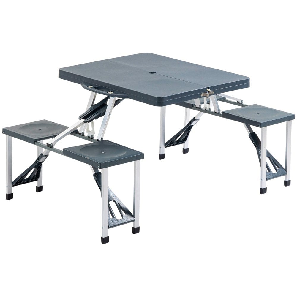 Outsunny Portable Foldable Camping Picnic Table Set with Four Chairs and Umbrella Hole, 4-Seats Aluminum Fold up Travel Picnic Table, Grey