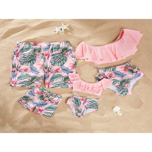 Patpat Pink Plant Floral Print Family Swimsuit for Summer,For Women,For Men,One Piece,Sizes Baby-Kids-Adults