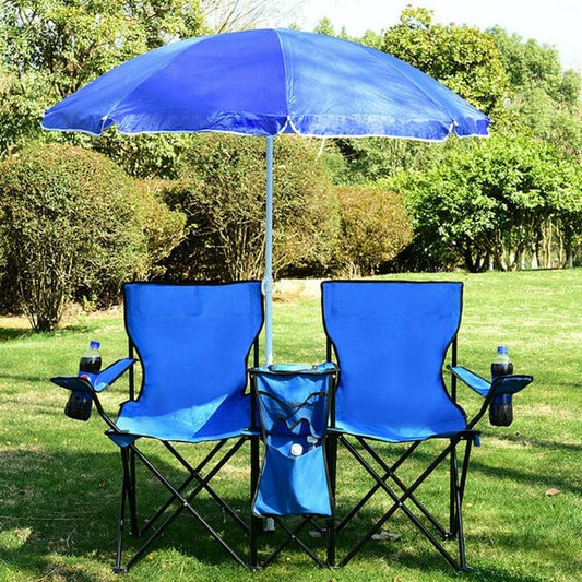 Portable Folding Picnic Double Recline Chair Umbrella Table Cooler Beach Camping Chair Stadium Seat