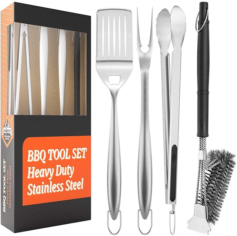 SHINESTAR 4 Piece Grill Tool Set, Heavy Duty Grill Utensils Set with BBQ Brush, 3 in 1 Stainless Steel Spatula, Fork, Tongs, Grill Accessories Perfect for Barbecue & Grilling, Dishwasher Safe