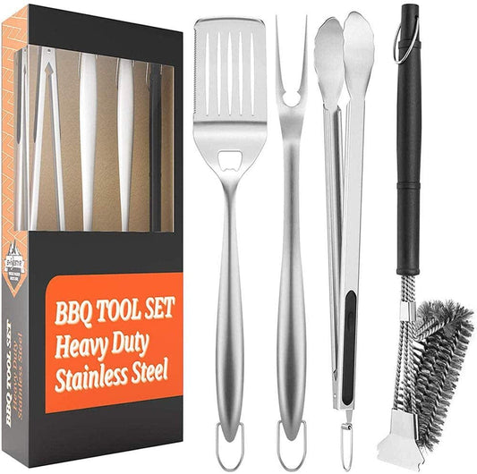SHINESTAR 4 Piece Grill Tool Set, Heavy Duty Grill Utensils Set with BBQ Brush, 3 in 1 Stainless Steel Spatula, Fork, Tongs, Grill Accessories Perfect for Barbecue & Grilling, Dishwasher Safe
