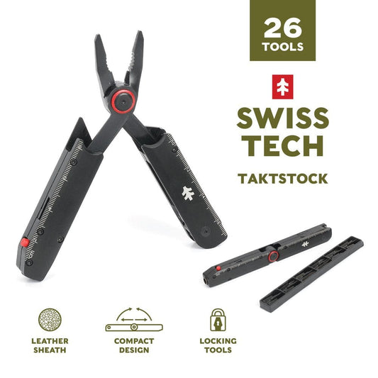 Swiss Tech AUS-8 Steel Blade 26-In-1 Folding Multi-Tool with Leather Sheath, Multi-Purpose Tool, Multi-Function Multitool
